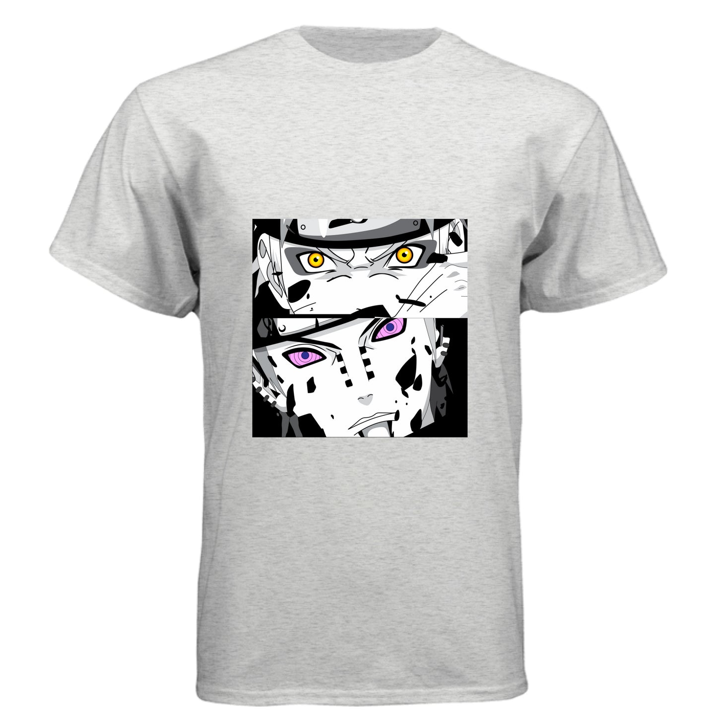 HEATHER WHITE - FRONT Naruto vs Pain anime t-shirt featuring epic battle dual panel design on unisex triblend fabric
