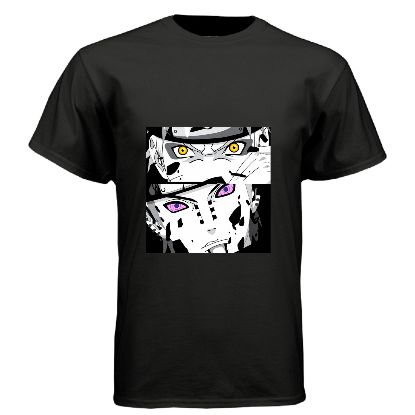 BLACK - FRONT Naruto vs Pain anime t-shirt featuring epic battle dual panel design on unisex triblend fabric
