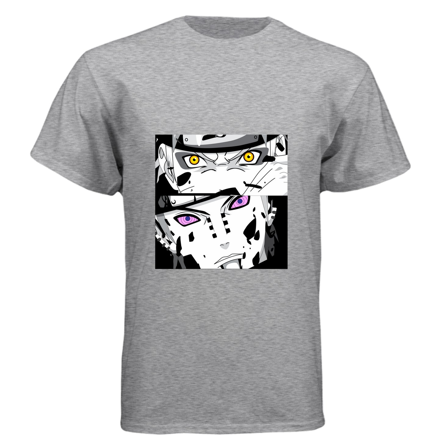 PREMIUM HEATHER - FRONT Naruto vs Pain anime t-shirt featuring epic battle dual panel design on unisex triblend fabric
