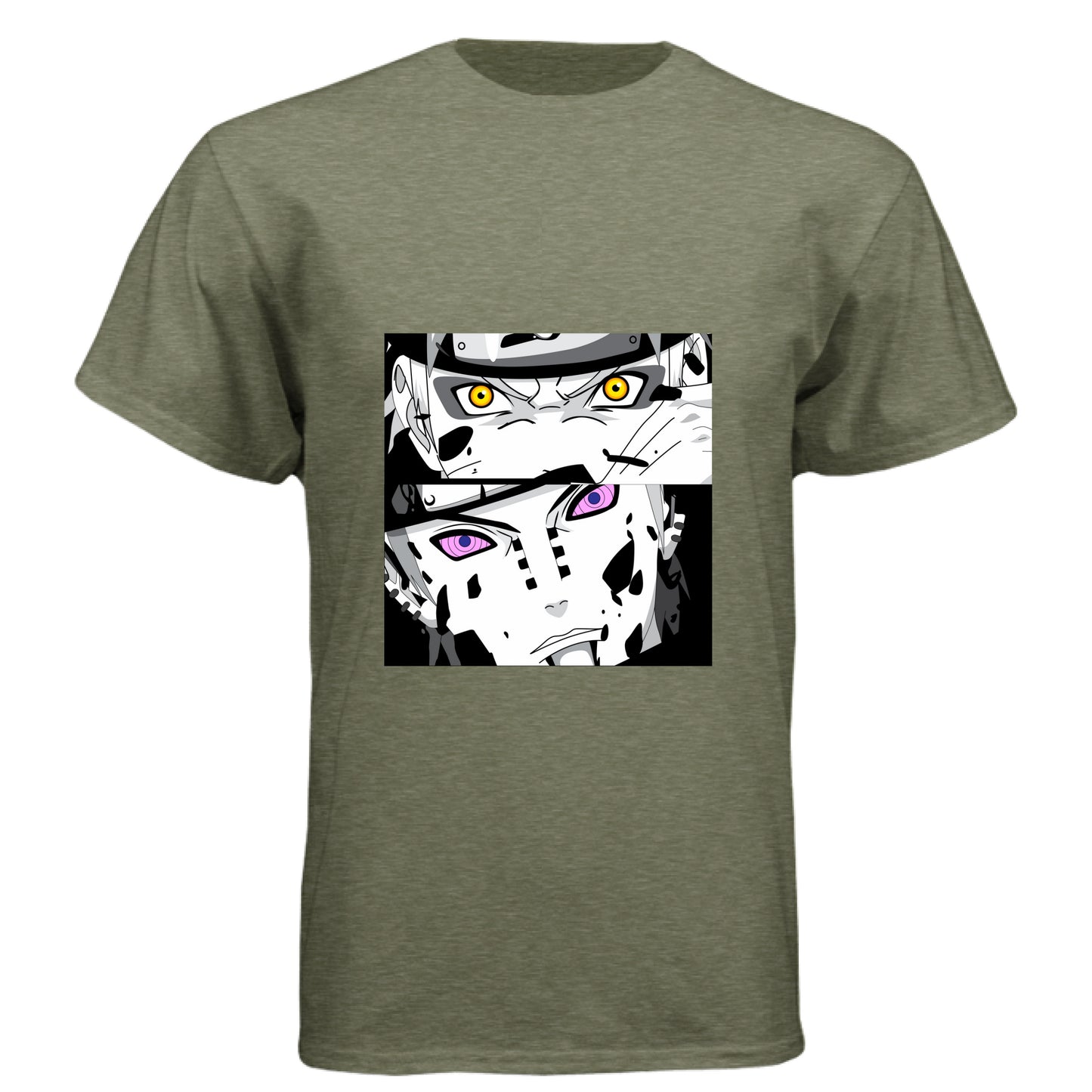 MILITARY GREEN - FRONT Naruto vs Pain anime t-shirt featuring epic battle dual panel design on unisex triblend fabric
