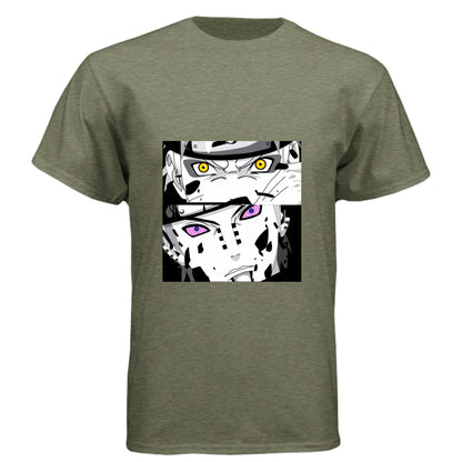 MILITARY GREEN - FRONT Naruto vs Pain anime t-shirt featuring epic battle dual panel design on unisex triblend fabric
