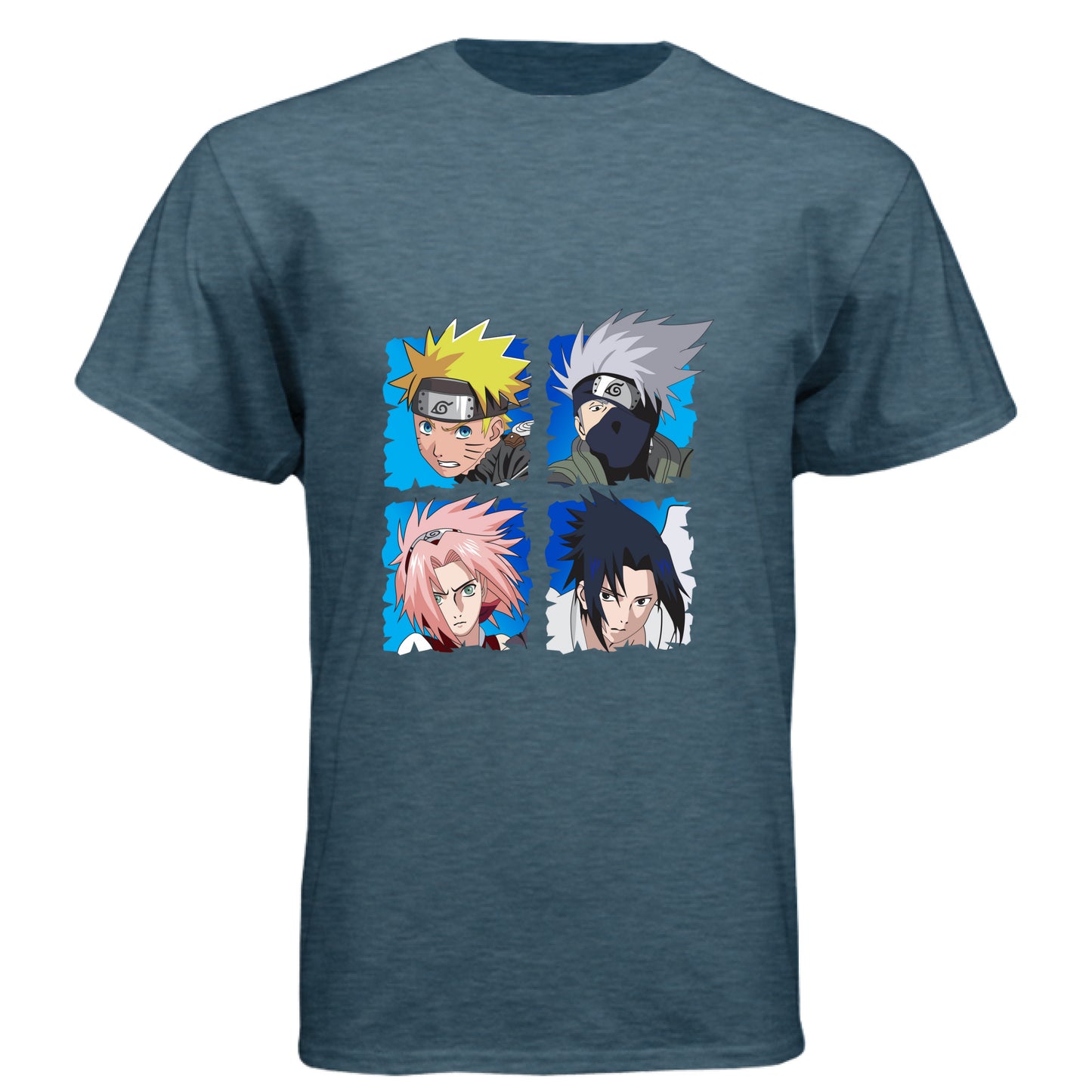 INDIGO - FRONT Naruto Team 7 anime t-shirt featuring squad four-panel portrait design with Naruto, Kakashi, Sakura, and Sasuke on unisex triblend fabric
