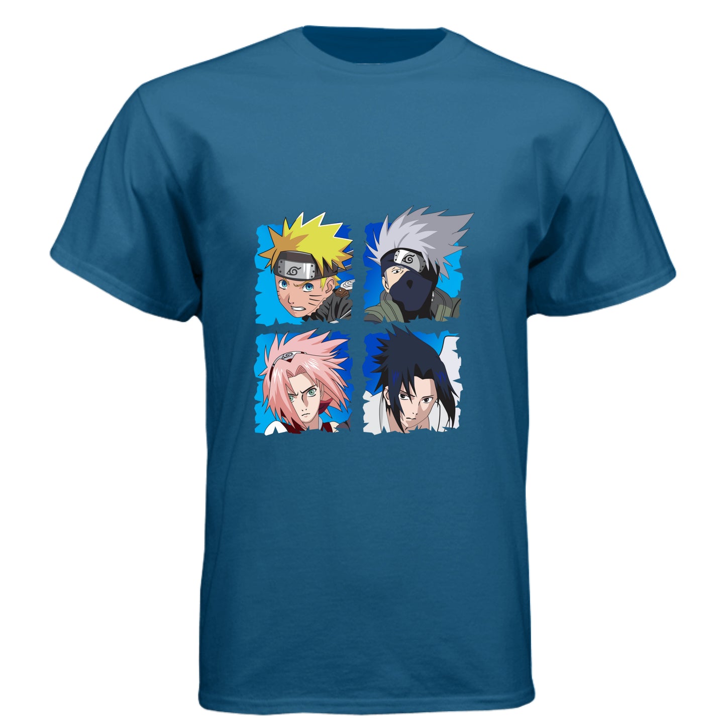 Legion Blue - FRONT Naruto Team 7 anime t-shirt featuring squad four-panel portrait design with Naruto, Kakashi, Sakura, and Sasuke on unisex triblend fabric
