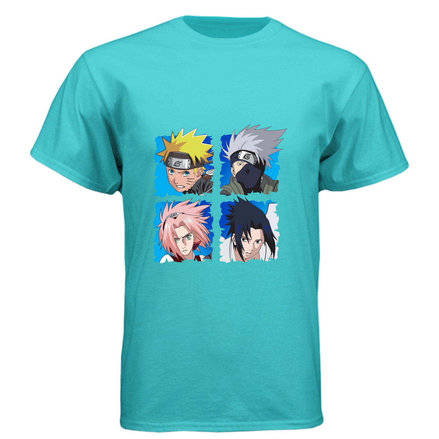 Tahiti Blue - FRONT Naruto Team 7 anime t-shirt featuring squad four-panel portrait design with Naruto, Kakashi, Sakura, and Sasuke on unisex triblend fabric

