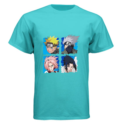 Tahiti Blue - FRONT Naruto Team 7 anime t-shirt featuring squad four-panel portrait design with Naruto, Kakashi, Sakura, and Sasuke on unisex triblend fabric
