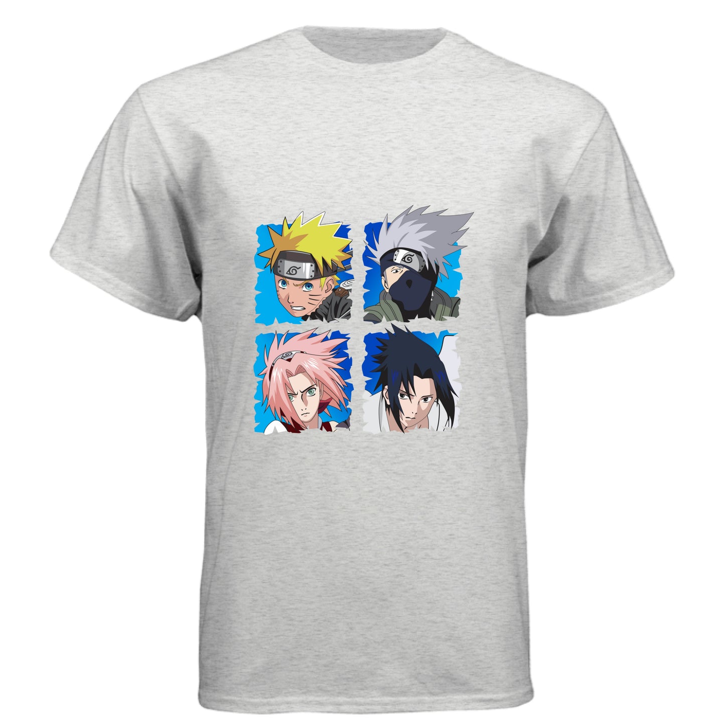 HEATHER WHITE - FRONT Naruto Team 7 anime t-shirt featuring squad four-panel portrait design with Naruto, Kakashi, Sakura, and Sasuke on unisex triblend fabric
