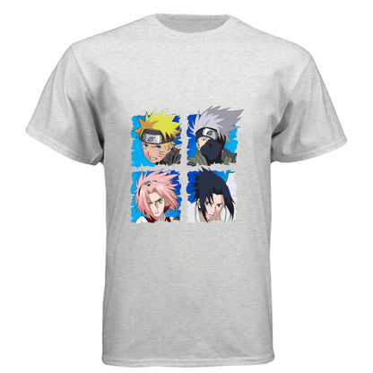 HEATHER WHITE - FRONT Naruto Team 7 anime t-shirt featuring squad four-panel portrait design with Naruto, Kakashi, Sakura, and Sasuke on unisex triblend fabric
