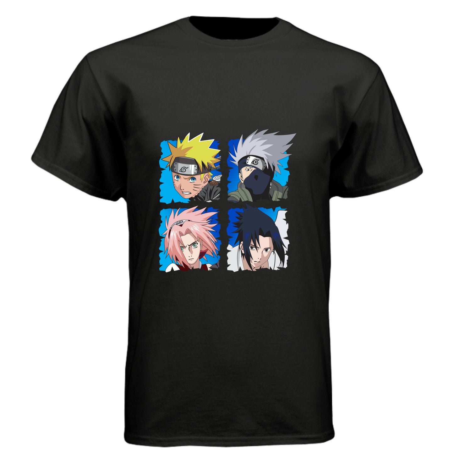 BLACK - FRONT Naruto Team 7 anime t-shirt featuring squad four-panel portrait design with Naruto, Kakashi, Sakura, and Sasuke on unisex triblend fabric

