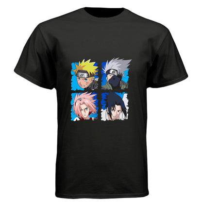BLACK - FRONT Naruto Team 7 anime t-shirt featuring squad four-panel portrait design with Naruto, Kakashi, Sakura, and Sasuke on unisex triblend fabric
