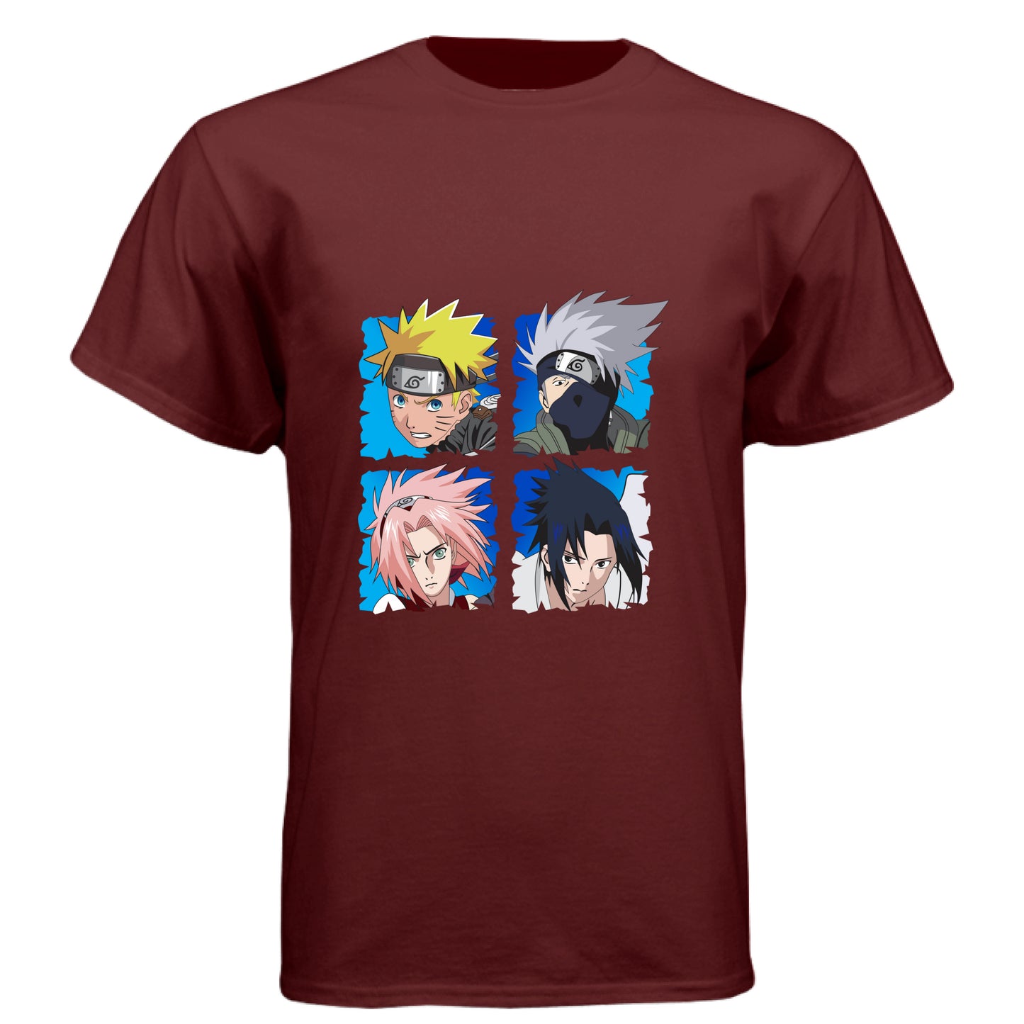 Cardinal Black - FRONT Naruto Team 7 anime t-shirt featuring squad four-panel portrait design with Naruto, Kakashi, Sakura, and Sasuke on unisex triblend fabric
