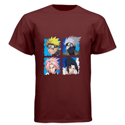 Cardinal Black - FRONT Naruto Team 7 anime t-shirt featuring squad four-panel portrait design with Naruto, Kakashi, Sakura, and Sasuke on unisex triblend fabric
