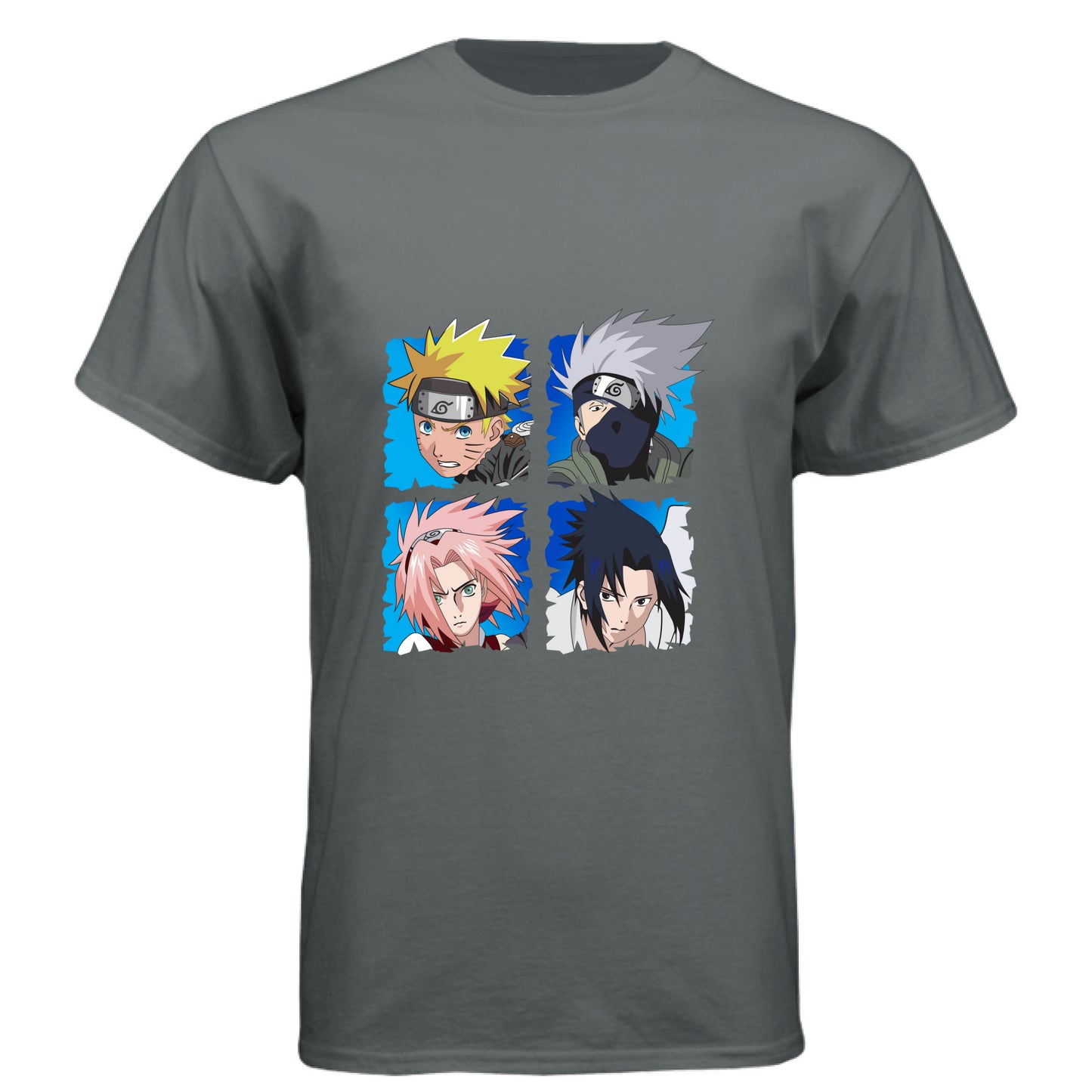 Vintage Heavy Metal - FRONT Naruto Team 7 anime t-shirt featuring squad four-panel portrait design with Naruto, Kakashi, Sakura, and Sasuke on unisex triblend fabric
