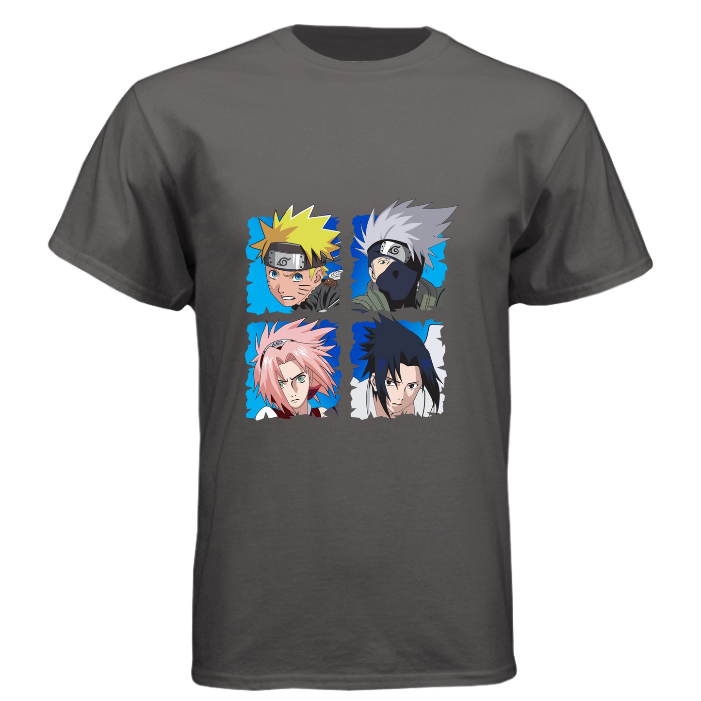 Graphite Black - FRONT Naruto Team 7 anime t-shirt featuring squad four-panel portrait design with Naruto, Kakashi, Sakura, and Sasuke on unisex triblend fabric
