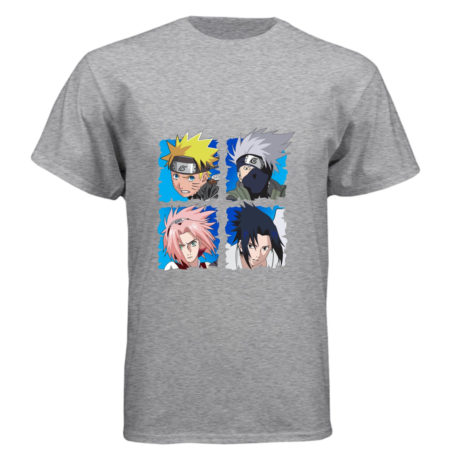 PREMIUM HEATHER - FRONT Naruto Team 7 anime t-shirt featuring squad four-panel portrait design with Naruto, Kakashi, Sakura, and Sasuke on unisex triblend fabric

