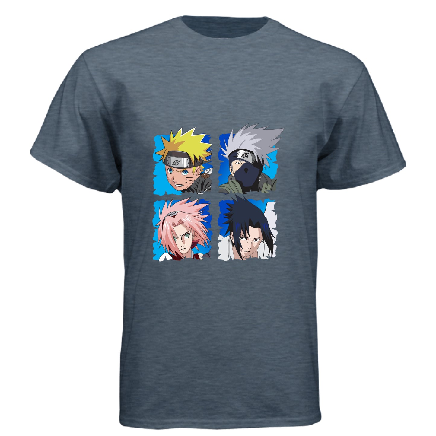 VINTAGE NAVY - FRONT Naruto Team 7 anime t-shirt featuring squad four-panel portrait design with Naruto, Kakashi, Sakura, and Sasuke on unisex triblend fabric
