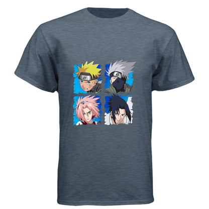 VINTAGE NAVY - FRONT Naruto Team 7 anime t-shirt featuring squad four-panel portrait design with Naruto, Kakashi, Sakura, and Sasuke on unisex triblend fabric
