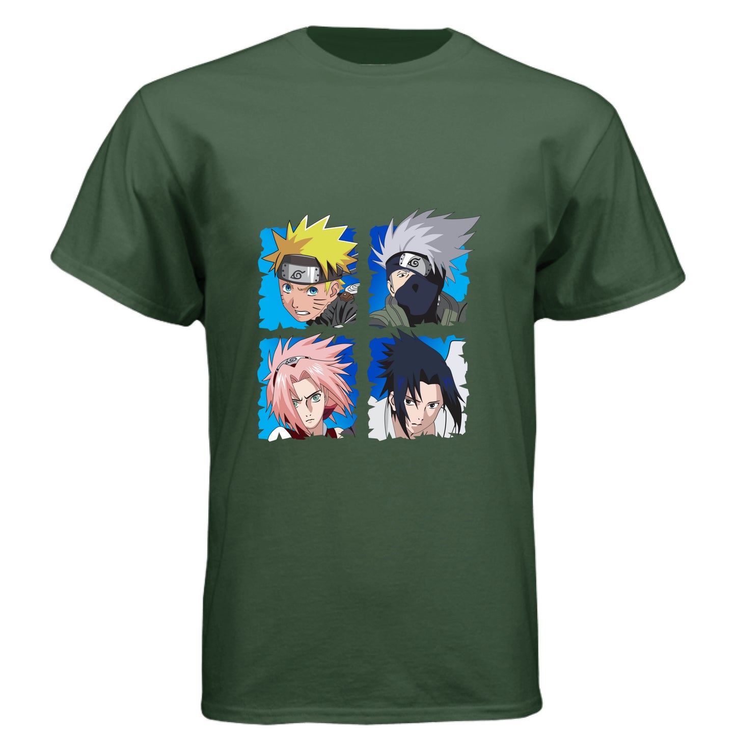 Black Forest - FRONT Naruto Team 7 anime t-shirt featuring squad four-panel portrait design with Naruto, Kakashi, Sakura, and Sasuke on unisex triblend fabric
