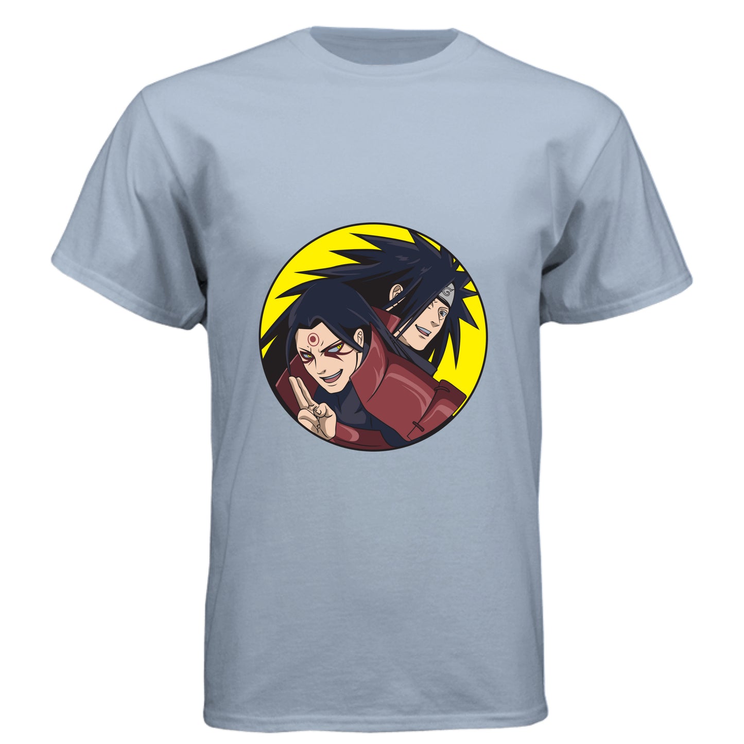 Vintage Stonewash Denim - FRONT Naruto Madara and Hashirama anime t-shirt featuring legendary founders duo design on unisex triblend fabric
