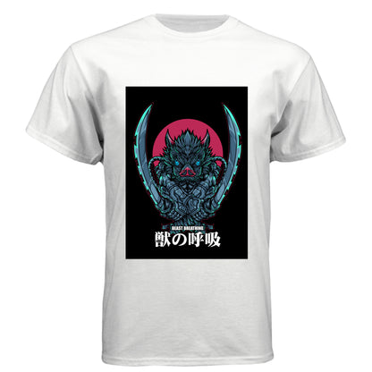 WHITE - FRONT Demon Slayer Inosuke Hashibira anime t-shirt featuring Beast Breathing boar mask design on unisex triblend fabric
