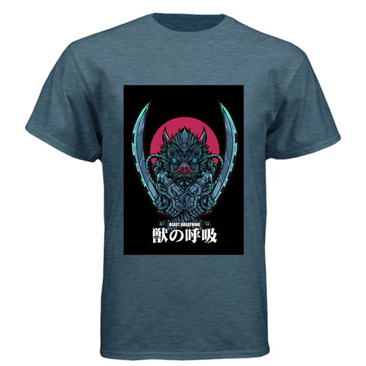 INDIGO - FRONT Demon Slayer Inosuke Hashibira anime t-shirt featuring Beast Breathing boar mask design on unisex triblend fabric
