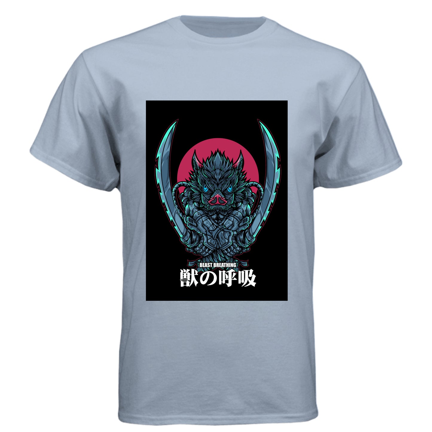 Vintage Stonewash Denim - FRONT Demon Slayer Inosuke Hashibira anime t-shirt featuring Beast Breathing boar mask design on unisex triblend fabric
