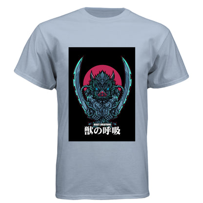 Vintage Stonewash Denim - FRONT Demon Slayer Inosuke Hashibira anime t-shirt featuring Beast Breathing boar mask design on unisex triblend fabric
