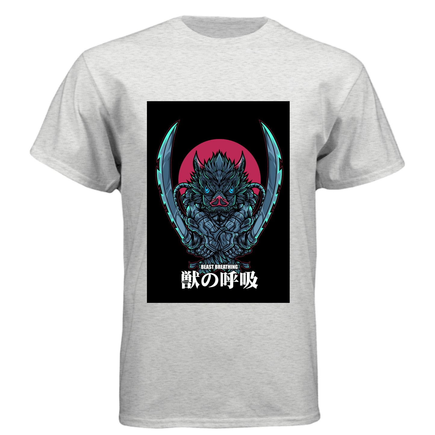 HEATHER WHITE - FRONT Demon Slayer Inosuke Hashibira anime t-shirt featuring Beast Breathing boar mask design on unisex triblend fabric
