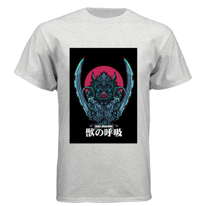 HEATHER WHITE - FRONT Demon Slayer Inosuke Hashibira anime t-shirt featuring Beast Breathing boar mask design on unisex triblend fabric
