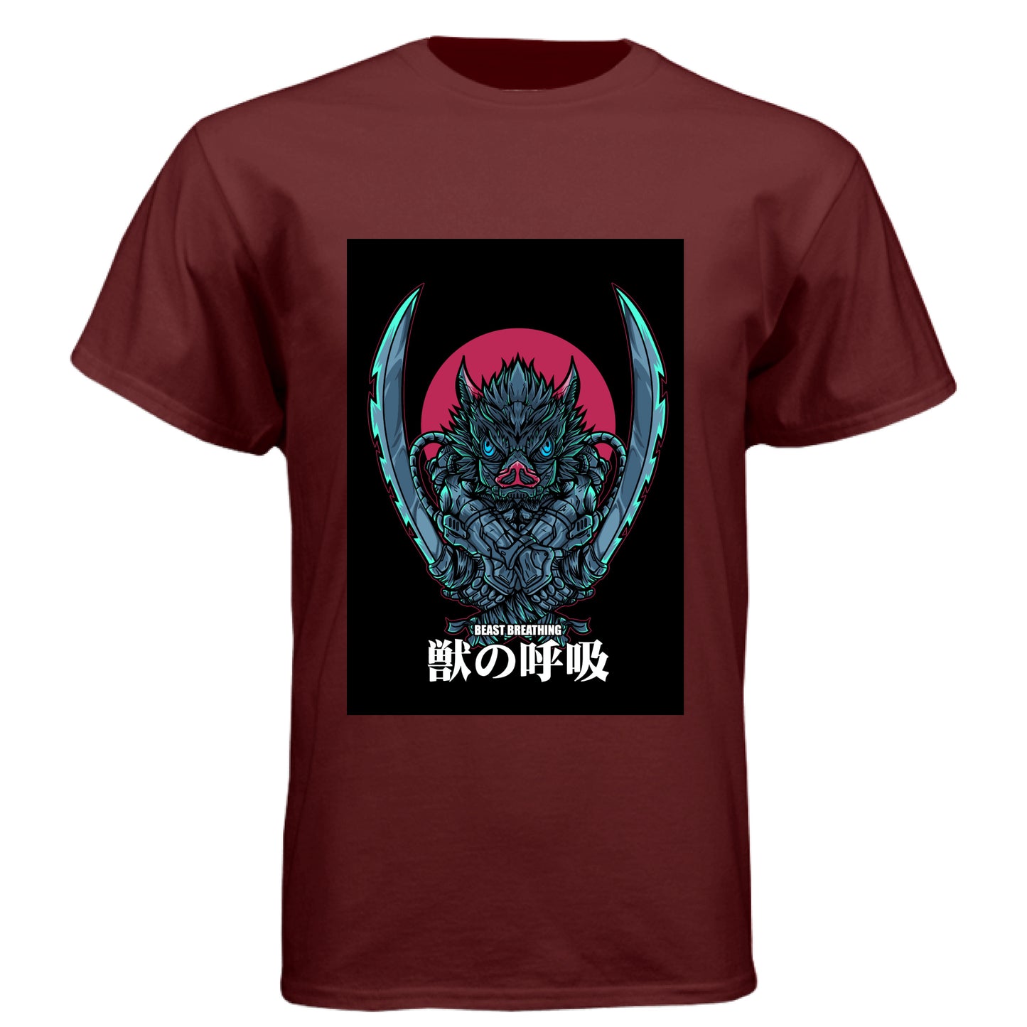 Cardinal Black - FRONT Demon Slayer Inosuke Hashibira anime t-shirt featuring Beast Breathing boar mask design on unisex triblend fabric
