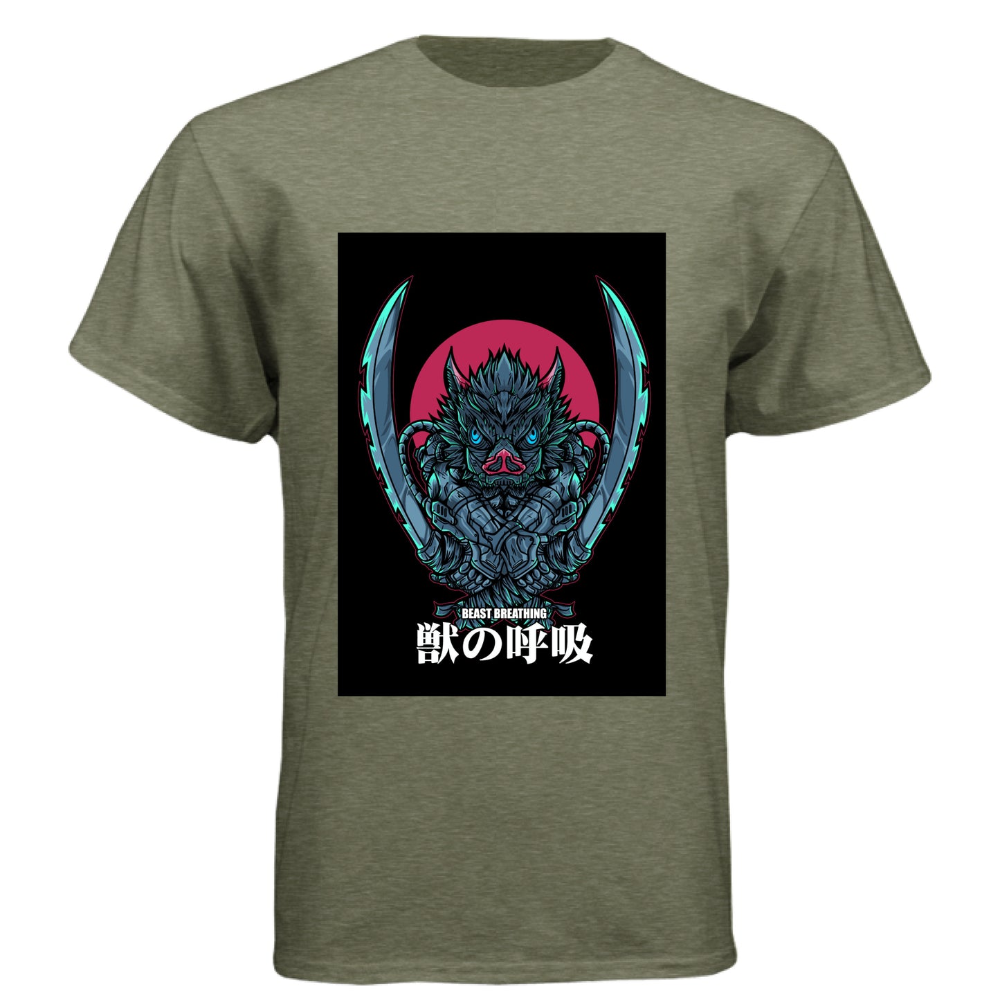 MILITARY GREEN - FRONT Demon Slayer Inosuke Hashibira anime t-shirt featuring Beast Breathing boar mask design on unisex triblend fabric
