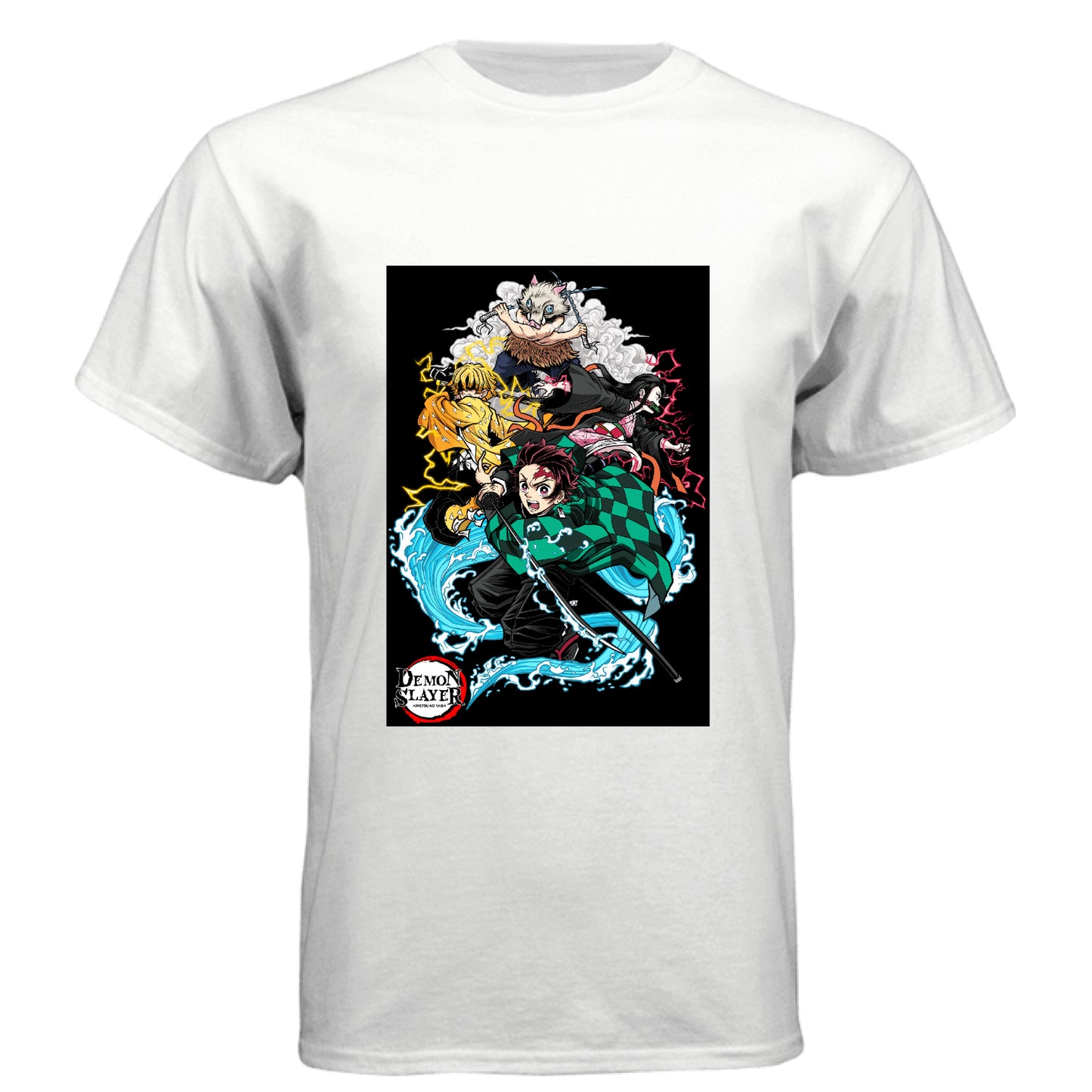 WHITE - FRONT Demon Slayer squad anime t-shirt featuring Tanjiro, Nezuko, Zenitsu, and Inosuke group design on unisex triblend fabric
