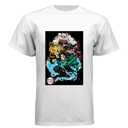 WHITE - FRONT Demon Slayer squad anime t-shirt featuring Tanjiro, Nezuko, Zenitsu, and Inosuke group design on unisex triblend fabric
