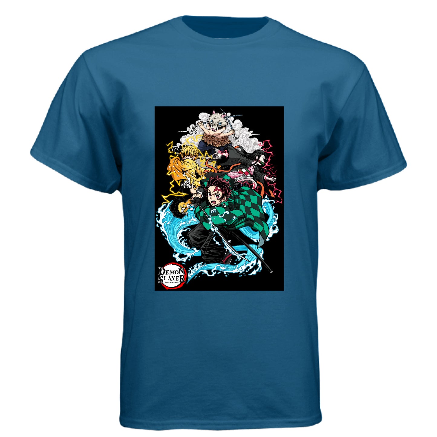 Legion Blue - FRONT Demon Slayer squad anime t-shirt featuring Tanjiro, Nezuko, Zenitsu, and Inosuke group design on unisex triblend fabric
