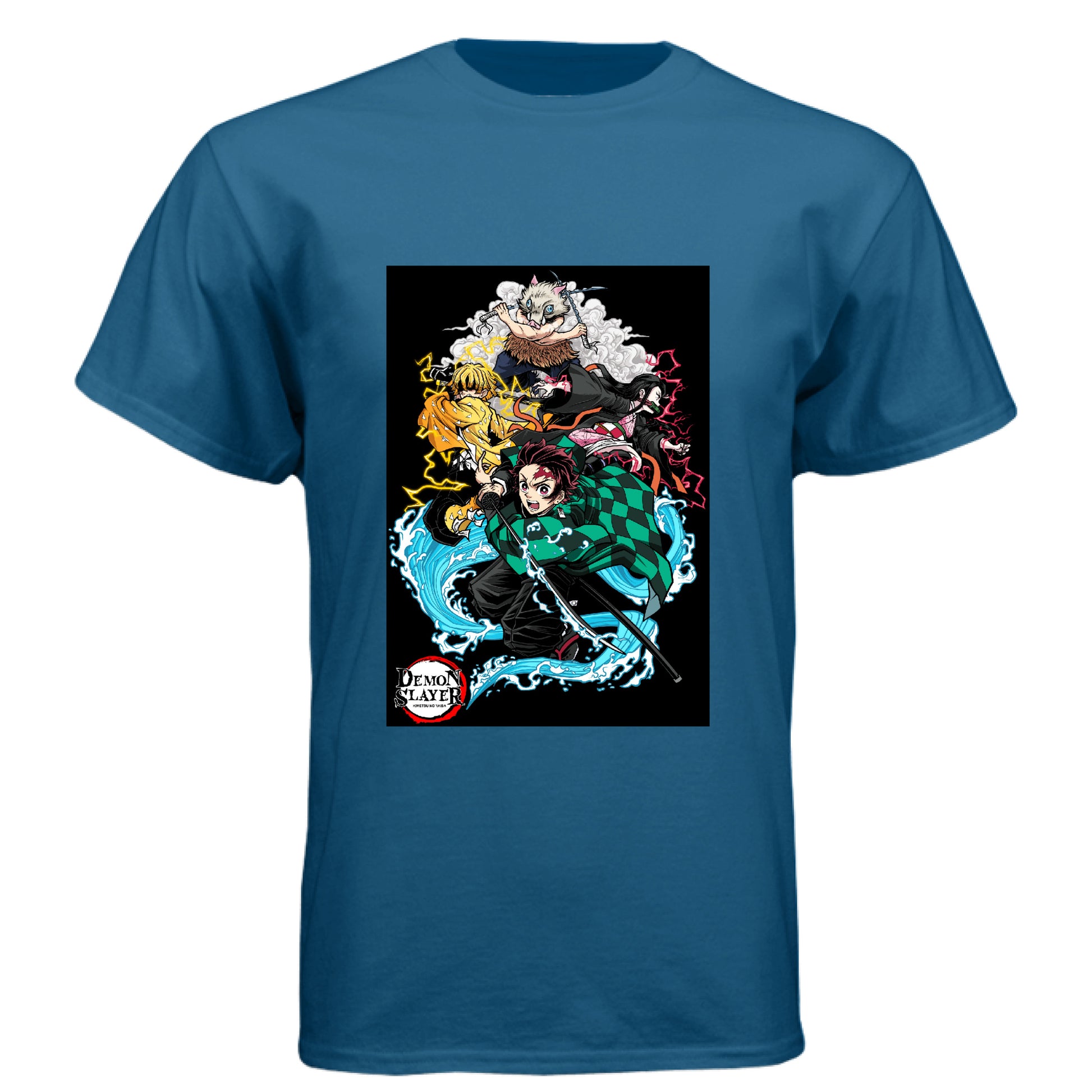 Legion Blue - FRONT Demon Slayer squad anime t-shirt featuring Tanjiro, Nezuko, Zenitsu, and Inosuke group design on unisex triblend fabric
