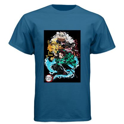 Legion Blue - FRONT Demon Slayer squad anime t-shirt featuring Tanjiro, Nezuko, Zenitsu, and Inosuke group design on unisex triblend fabric
