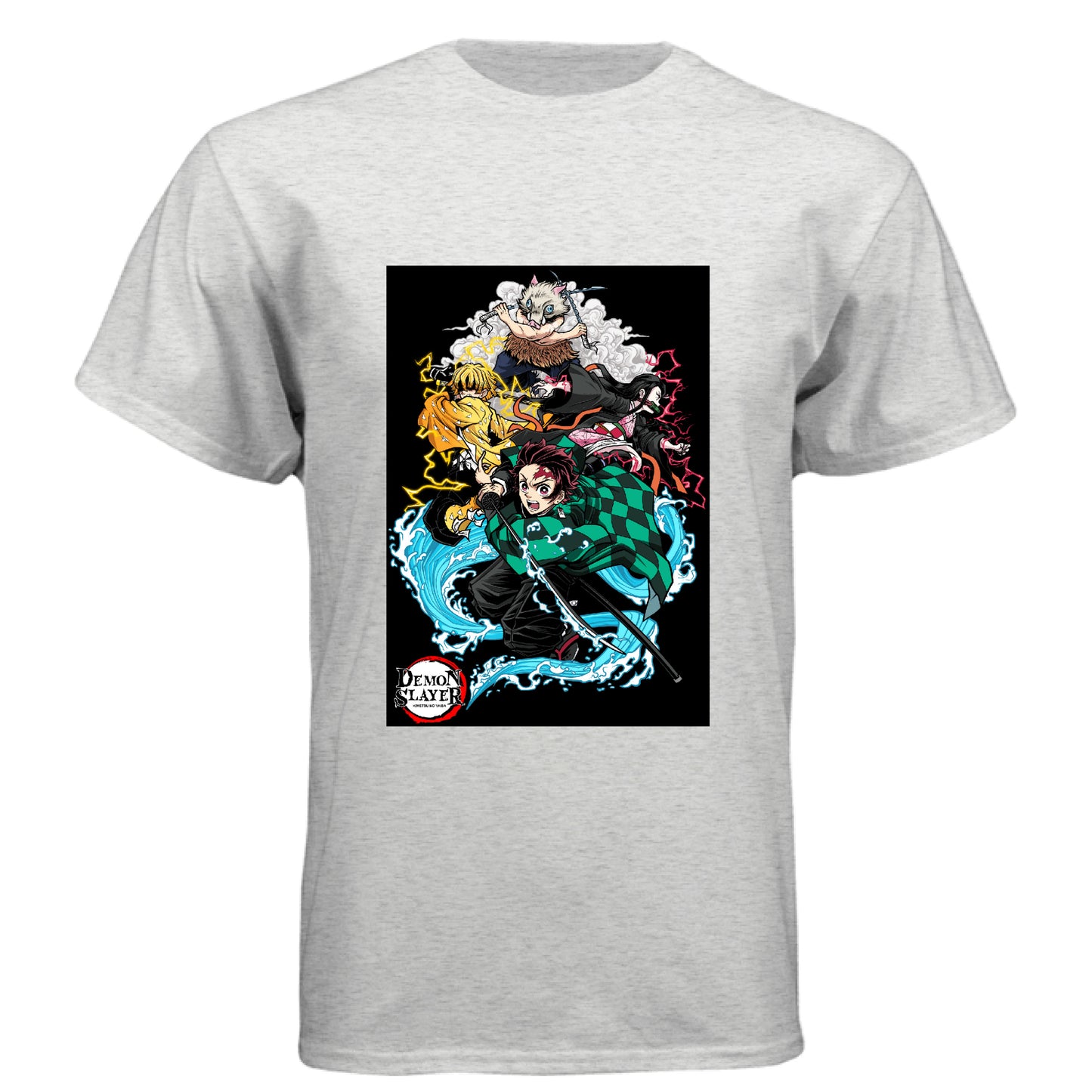 HEATHER WHITE - FRONT Demon Slayer squad anime t-shirt featuring Tanjiro, Nezuko, Zenitsu, and Inosuke group design on unisex triblend fabric
