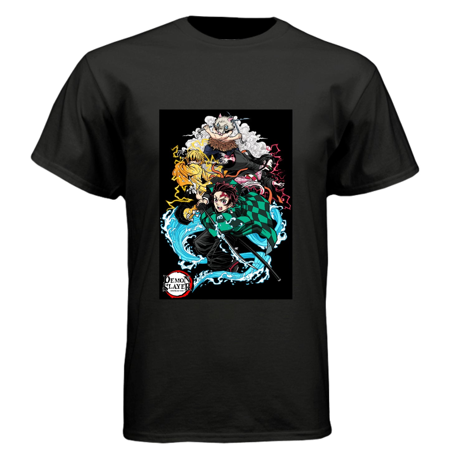 BLACK - FRONT Demon Slayer squad anime t-shirt featuring Tanjiro, Nezuko, Zenitsu, and Inosuke group design on unisex triblend fabric
