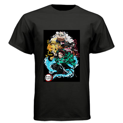 BLACK - FRONT Demon Slayer squad anime t-shirt featuring Tanjiro, Nezuko, Zenitsu, and Inosuke group design on unisex triblend fabric
