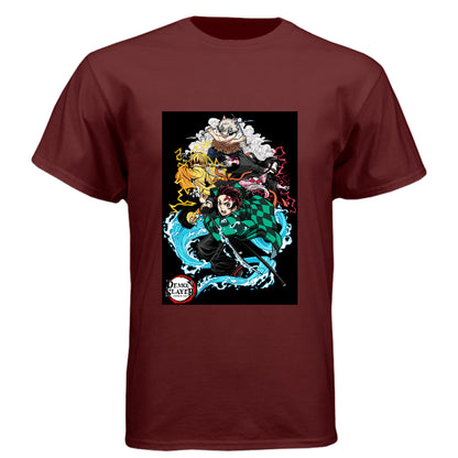Cardinal Black - FRONT Demon Slayer squad anime t-shirt featuring Tanjiro, Nezuko, Zenitsu, and Inosuke group design on unisex triblend fabric

