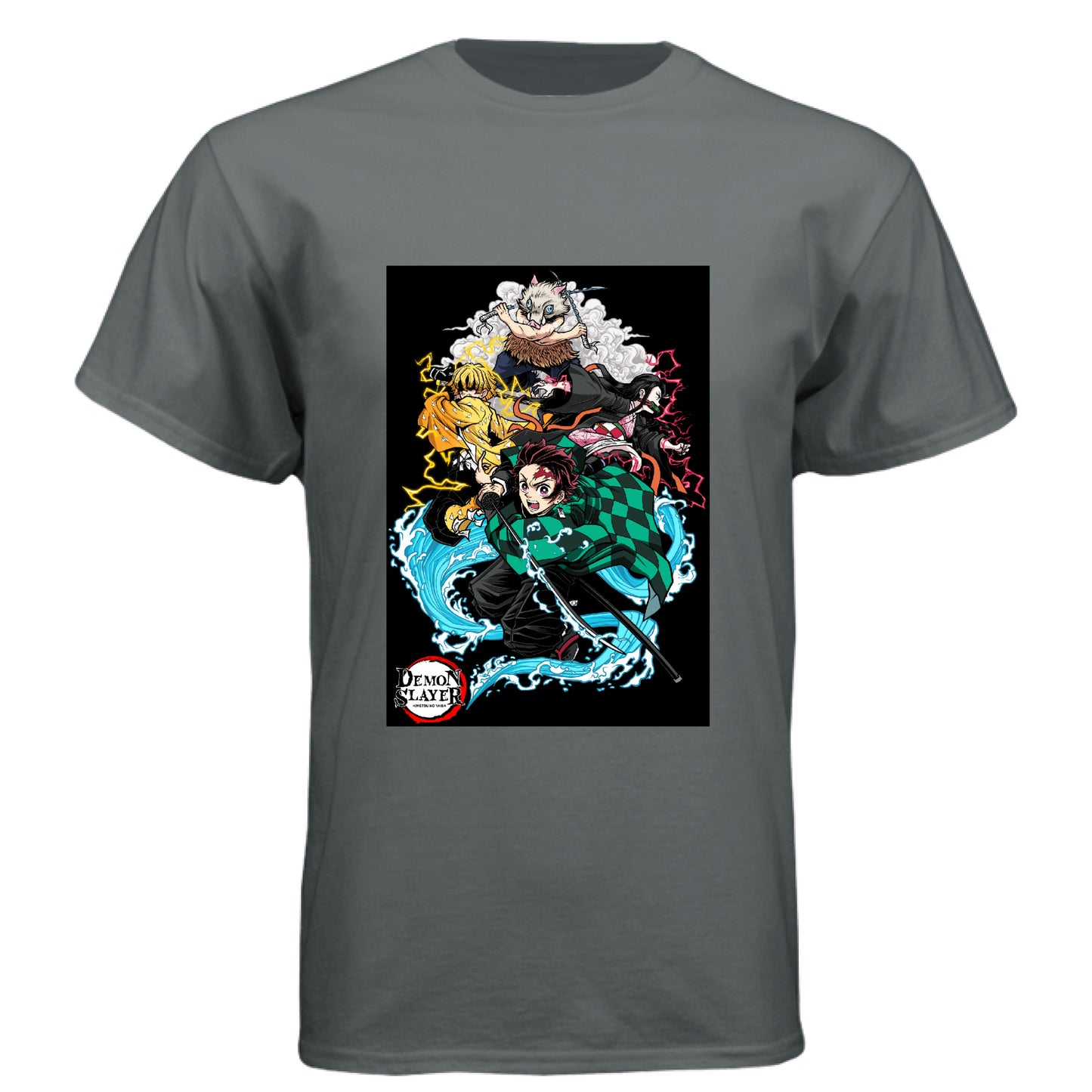 Vintage Heavy Metal - FRONT Demon Slayer squad anime t-shirt featuring Tanjiro, Nezuko, Zenitsu, and Inosuke group design on unisex triblend fabric
