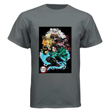 Vintage Heavy Metal - FRONT Demon Slayer squad anime t-shirt featuring Tanjiro, Nezuko, Zenitsu, and Inosuke group design on unisex triblend fabric
