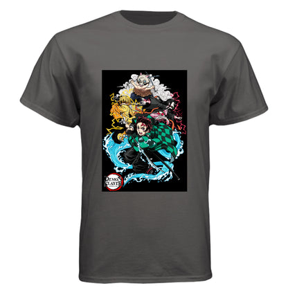 Graphite Black - FRONT Demon Slayer squad anime t-shirt featuring Tanjiro, Nezuko, Zenitsu, and Inosuke group design on unisex triblend fabric
