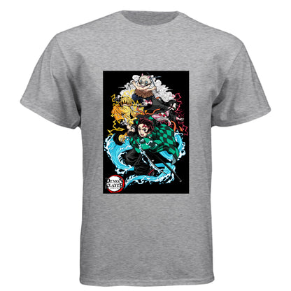 PREMIUM HEATHER - FRONT Demon Slayer squad anime t-shirt featuring Tanjiro, Nezuko, Zenitsu, and Inosuke group design on unisex triblend fabric
