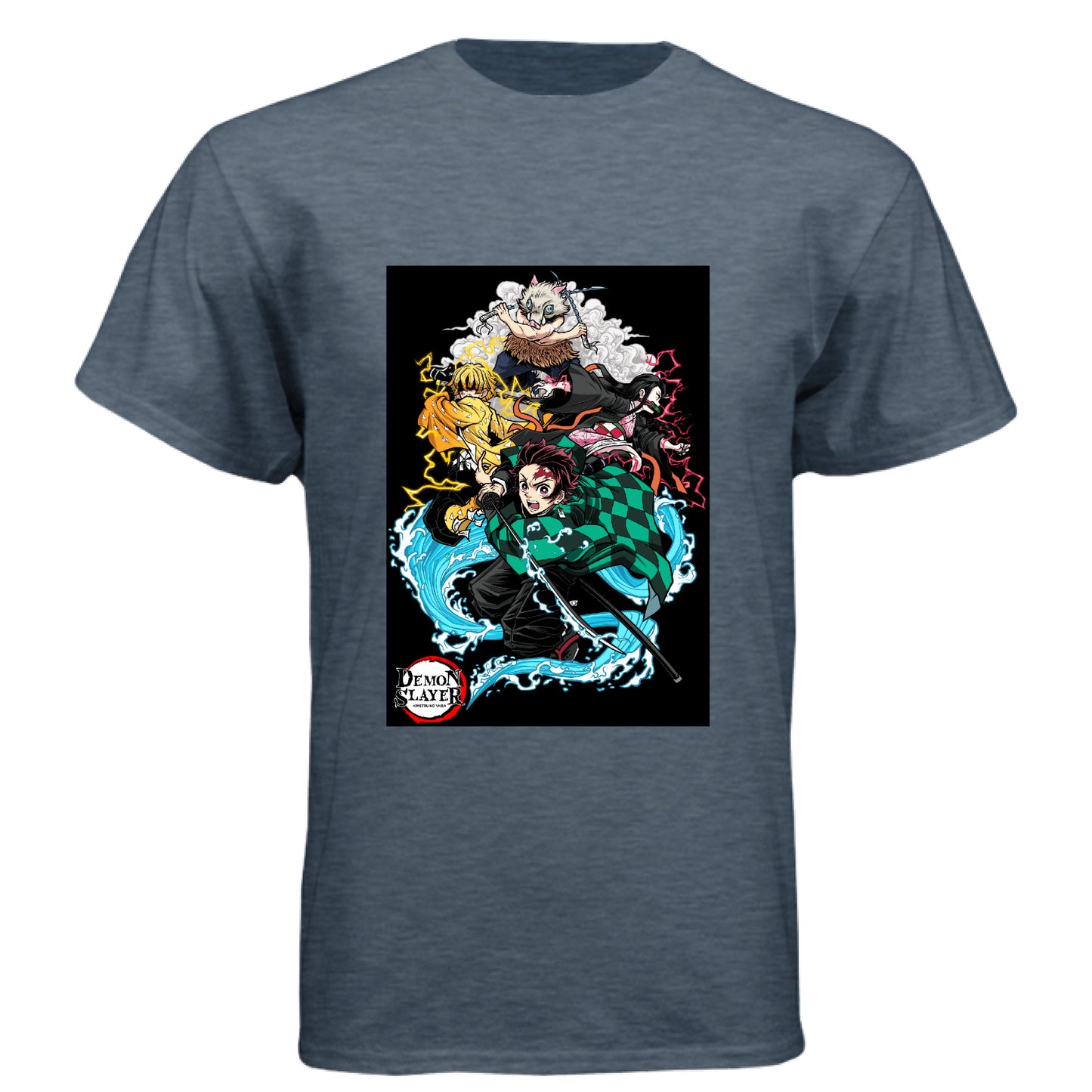 VINTAGE NAVY - FRONT Demon Slayer squad anime t-shirt featuring Tanjiro, Nezuko, Zenitsu, and Inosuke group design on unisex triblend fabric

