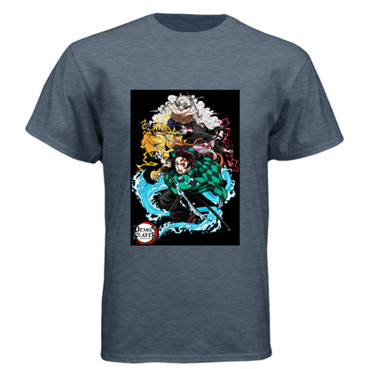 VINTAGE NAVY - FRONT Demon Slayer squad anime t-shirt featuring Tanjiro, Nezuko, Zenitsu, and Inosuke group design on unisex triblend fabric
