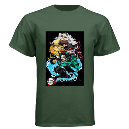 Black Forest - FRONT Demon Slayer squad anime t-shirt featuring Tanjiro, Nezuko, Zenitsu, and Inosuke group design on unisex triblend fabric
