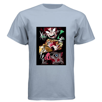 Vintage Stonewash Denim - FRONT Demon Slayer power unleashed anime t-shirt featuring triple transformation panel design on unisex triblend fabric
