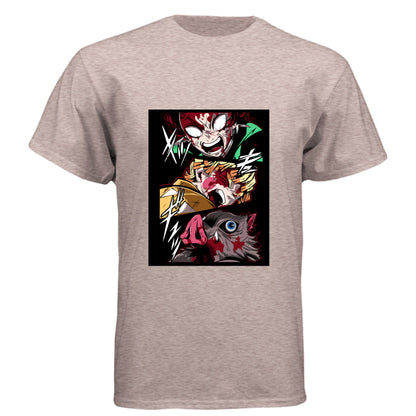 Desert Pink - FRONT Demon Slayer power unleashed anime t-shirt featuring triple transformation panel design on unisex triblend fabric
