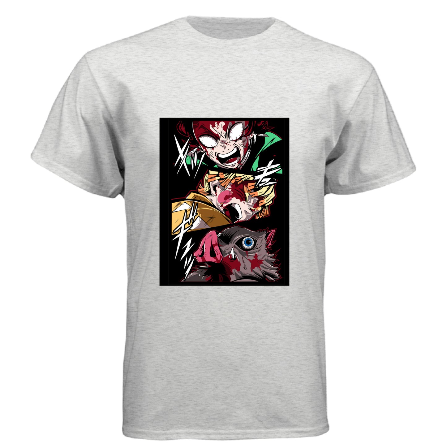 HEATHER WHITE - FRONT Demon Slayer power unleashed anime t-shirt featuring triple transformation panel design on unisex triblend fabric
