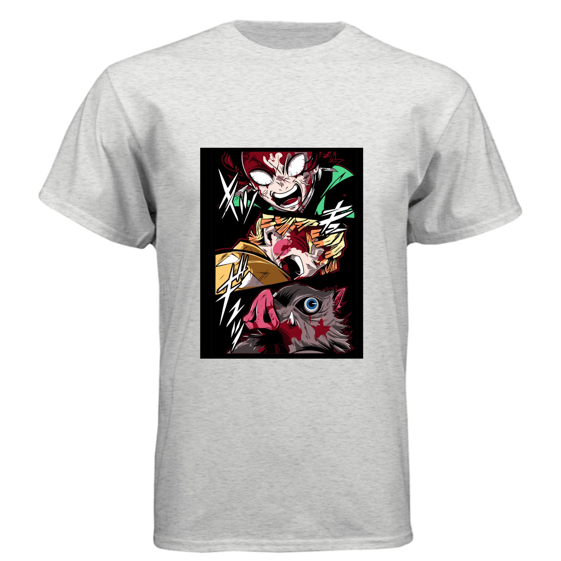HEATHER WHITE - FRONT Demon Slayer power unleashed anime t-shirt featuring triple transformation panel design on unisex triblend fabric
